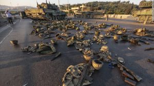 Helmet and vests lay on the Bosphorous Bridge on Saturday