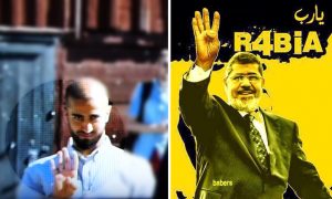 Salahaden Raoof (left), spokesperson for the Green Youth in Malmö, Sweden, appeared on live TV giving the Rabia sign -- a four-fingered salute in support of the Muslim Brotherhood. He was allowed to retain his post after stating that he "will not do it again." Pictured at right: Mohamed Morsi, a Muslim Brotherhood leader and Egypt's deposed president