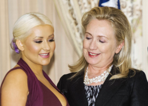 Hillary leering at Chritina Aguilera's chest