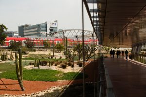 Walkway connecting Ben-Gurion University of the Negev to Gav-Yam Negev Advanced Technologies Park via a bridge built in the shape of a double helix in Beersheba, Israel