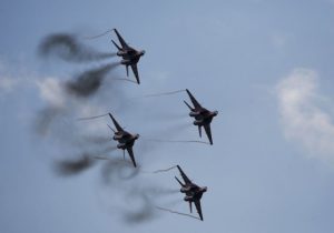 MiG-29 jet fighters of the Russian aerobatic team Strizhi (The Swifts) perform during the MAKS International Aviation and Space Salon in Zhukovsky outside Moscow, Russia, August 30, 2015