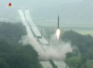 In this undated image made from video distributed Sept. 6, 2016, by North Korean broadcaster KRT, a missile is launched during a drill at an undisclosed location in North Korea