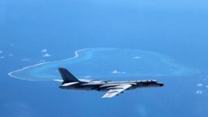 People’s Liberation Army air force (PLAAF) H-6K long-range bomber is shown over Scarborough Shoal