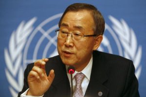 U.N. Secretary-General Ban Ki-moon gestures during a press conference at the United Nations headquarters in Geneva, Switzerland Friday, Dec. 12, 2008. Ban says the latest "very sobering" assessment of the World Bank underscores the world's economic problems. The world should act with great urgency and compassion to ease economic distress. (AP Photo/Anja Niedringhaus)