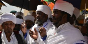 Religious leaders of the Ethiopian Jews during Passover prayers near Wailing Wall, Apr. 17, 2014