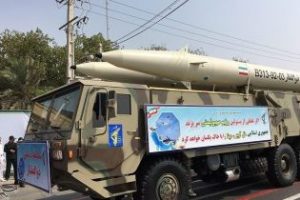 Zolfaqar missiles are displayed at one of several military parades in Iran on September 21, 2016. The slogan on the banner has been translated as 'If the leaders of the Zionist regime make a mistake then the Islamic Republic will turn Tel Aviv and Haifa to dust.'