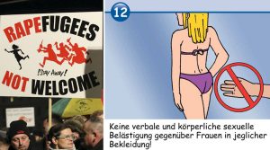 Sexual violence in Germany has reached epidemic proportions since Chancellor Angela Merkel allowed into the country more than one million mostly male migrants from Africa, Asia and the Middle East. The government has been facing a rising voter backlash to the open-door migration policy, including public protests (left). In some areas, authorities have distributed cartoon guides, to "educate" migrants that sexual assault is not acceptable (right)