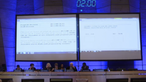 UNESCO's World Heritage Committee voting on a resolution ignoring Jewish and Christian ties to Jerusalem's Old City in Paris, October 26, 2016