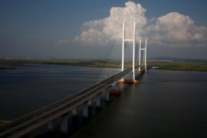 A general view shows the unfinished New Yalu River bridge that was designed to connect China's Dandong New Zone, Liaoning province, and North Korea's Sinuiju, September 11, 2016